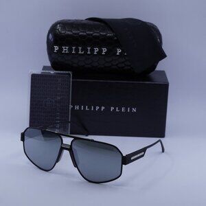 Philipp Plein SPP106M 541X Aviator Sunglasses – Black/Smoke Silver Mirror